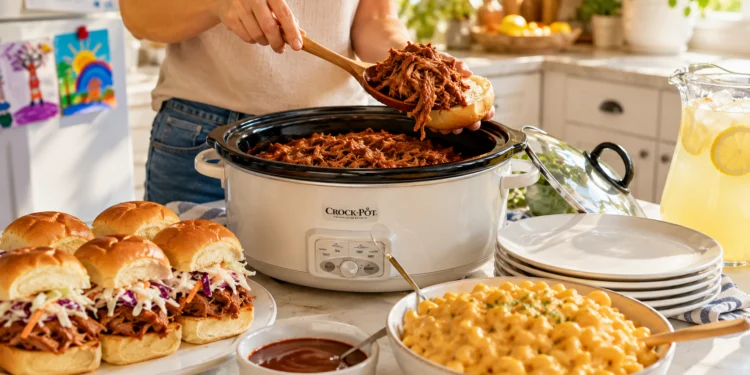 Summer crockpot family meal with fresh vegetables and herbs in a slow cooker