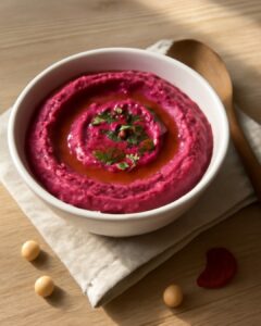 A vibrant pink beetroot hummus dip in a white bowl, drizzled with olive oil and topped with fresh herbs