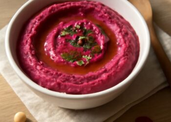 A vibrant pink beetroot hummus dip in a white bowl, drizzled with olive oil and topped with fresh herbs