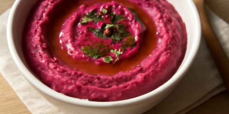 A vibrant pink beetroot hummus dip in a white bowl, drizzled with olive oil and topped with fresh herbs
