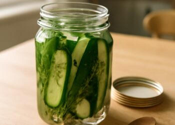 Crispy refrigerator pickles in a clear mason jar with fresh dill and spices