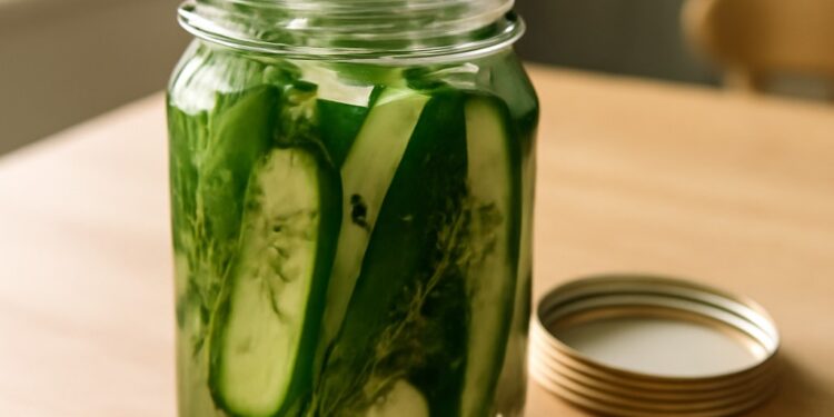 Crispy refrigerator pickles in a clear mason jar with fresh dill and spices