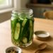 Crispy refrigerator pickles in a clear mason jar with fresh dill and spices