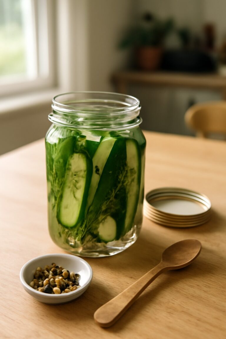 Crispy refrigerator pickles in a clear mason jar with fresh dill and spices