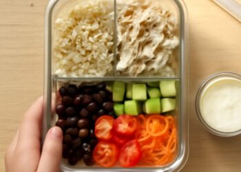 Colorful bento-style lunch box with pasta salad, fresh fruit, cheese, and crackers