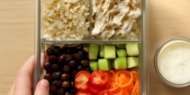 Colorful bento-style lunch box with pasta salad, fresh fruit, cheese, and crackers