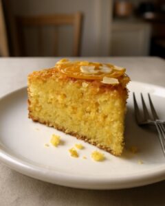 Sliced orange almond polenta cake with a tender golden crumb and fresh citrus zest on top