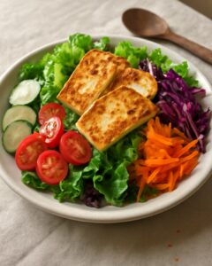 Colorful rainbow salad with warm grilled halloumi cheese, mixed fresh vegetables, and vinaigrette dressing