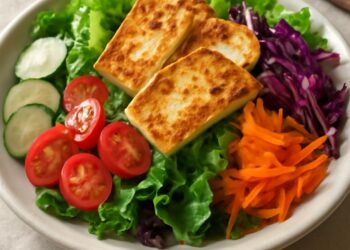 Colorful rainbow salad with warm grilled halloumi cheese, mixed fresh vegetables, and vinaigrette dressing