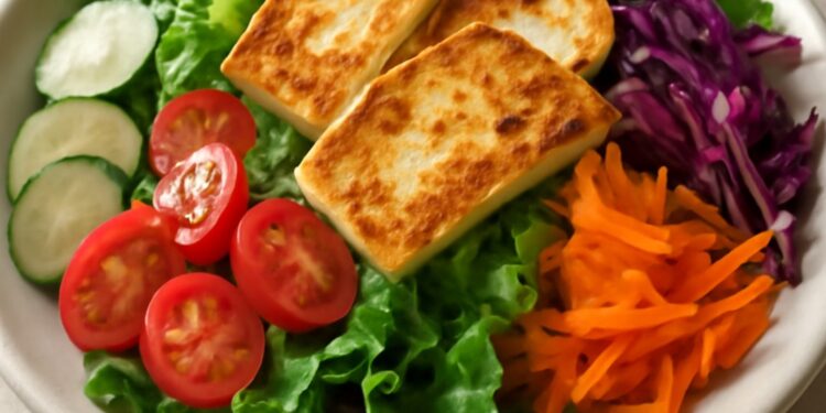 Colorful rainbow salad with warm grilled halloumi cheese, mixed fresh vegetables, and vinaigrette dressing