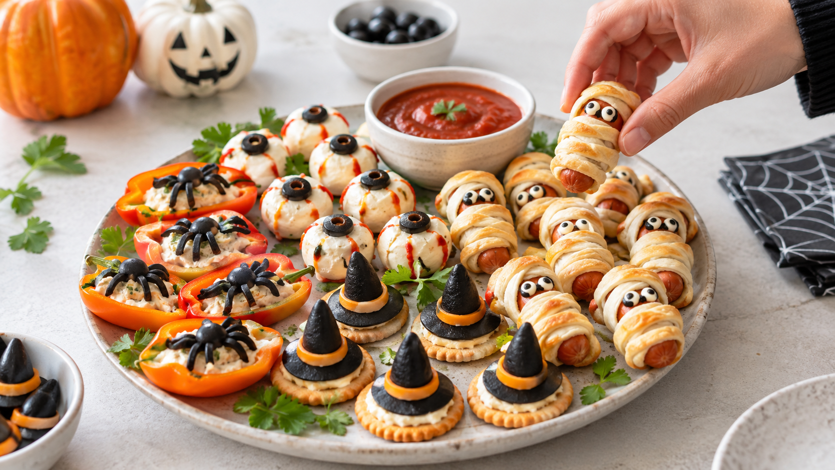 Halloween appetizer platter with festive finger foods, ready in 20 minutes for quick party prep.