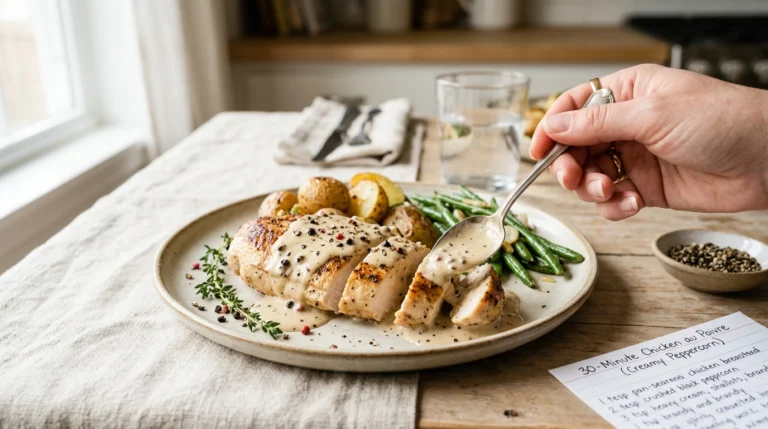 Creamy peppercorn chicken au poivre in skillet, 30-minute easy recipe