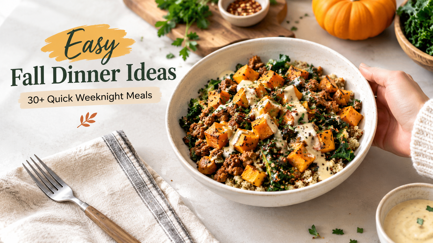 all dinner spread with roasted squash, soup, and easy weeknight meals
