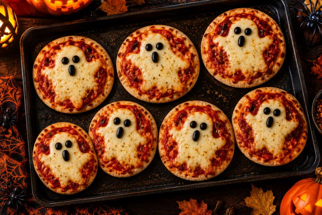 Pita pizzas topped with red sauce and ghost-shaped melted white cheese with small black olive eyes and mouths, on a black baking sheet, playful Halloween light, overhead, 3:2 --no text