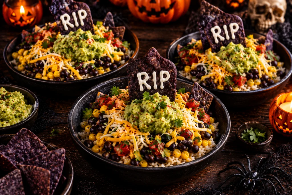 Graveyard burrito bowls with blue corn chip tombstones
