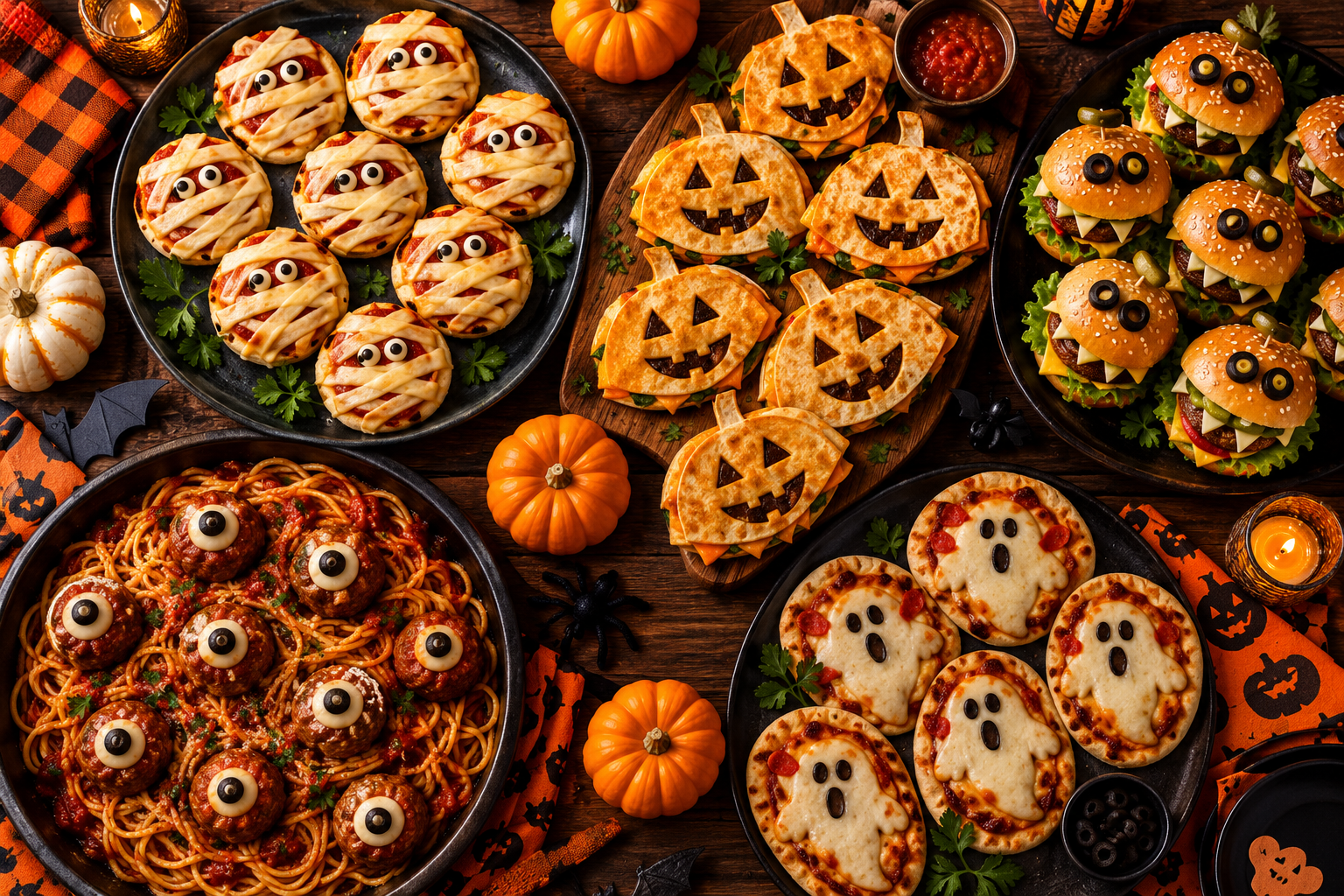 Collage of quick Halloween dinner ideas for kids including mummy pizzas, monster sliders and jack-o’-lantern quesadillas