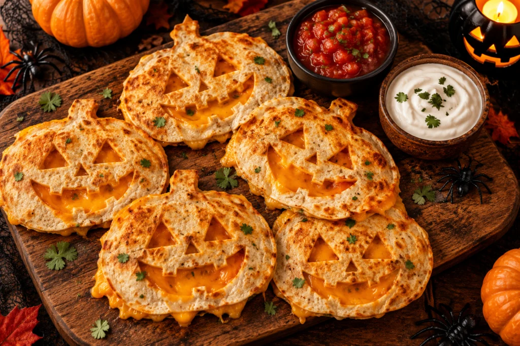 Jack-o’-lantern quesadillas with carved faces showing melted cheddar