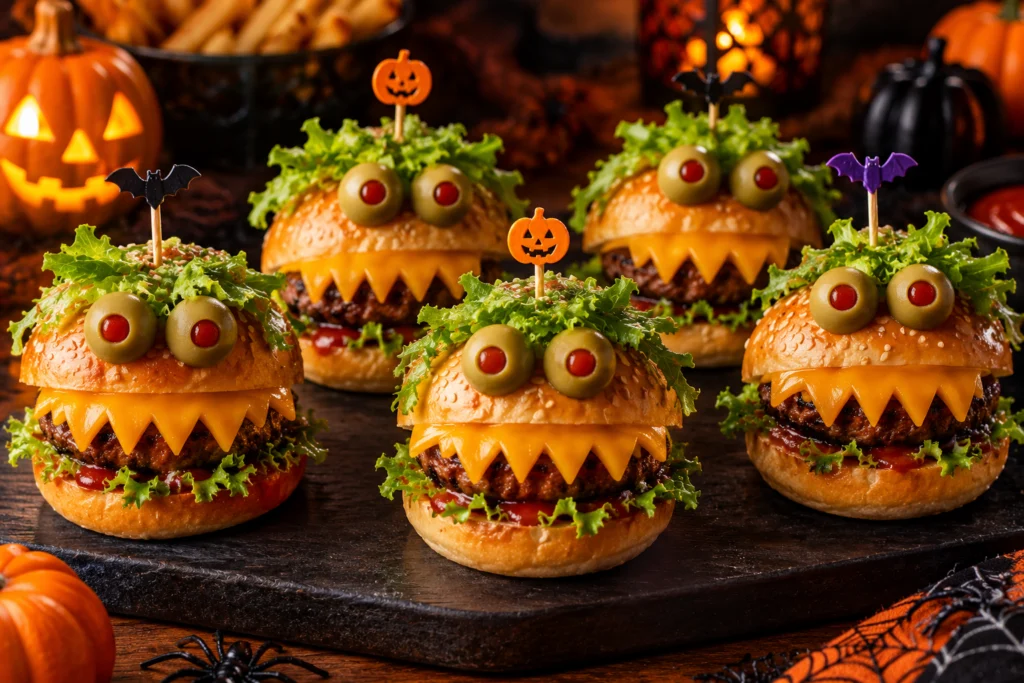 Monster sliders with olive eyes and zigzag cheese teeth