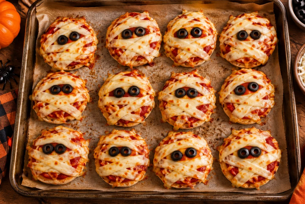 Mummy English muffin pizzas with string cheese bandages and olive eyes
