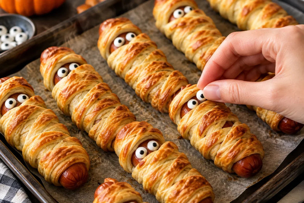 Freshly baked mummy hot dogs getting candy eyes pressed on