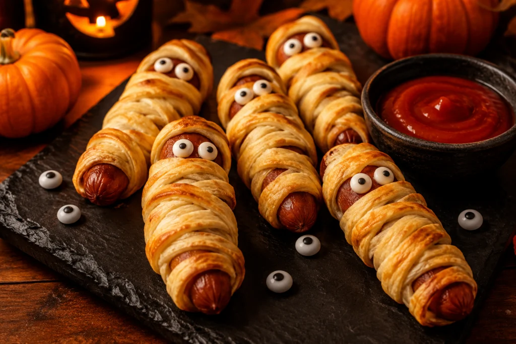 Mummy hot dogs with candy eyes