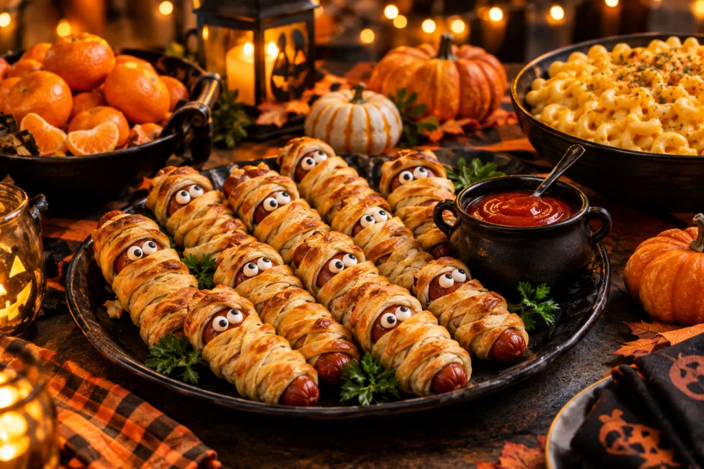 Mummy hot dogs served on a Halloween dinner table with ketchup dip and mac and cheese