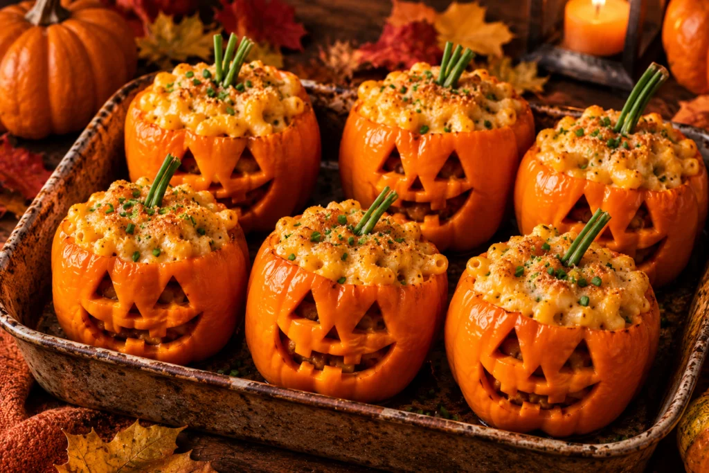 Orange bell peppers carved like jack-o’-lanterns filled with mac and cheese
