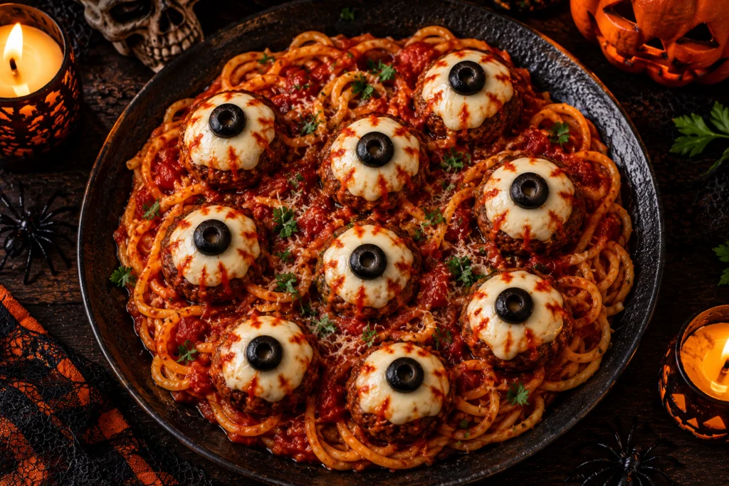 Spaghetti with meatballs decorated as eyeballs with mozzarella and olives