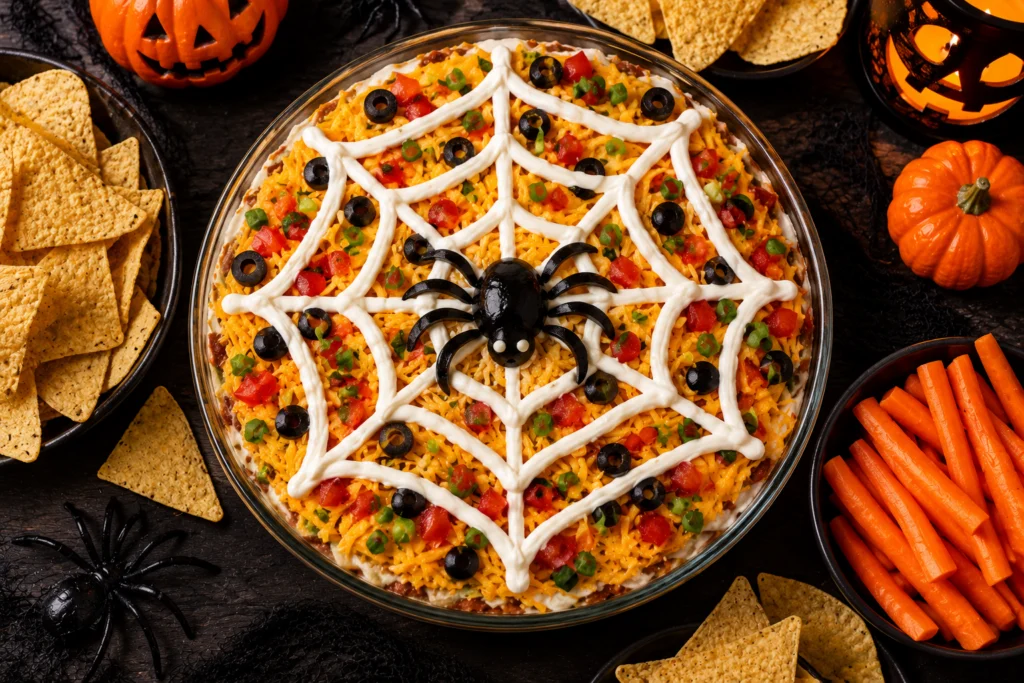 Spiderweb taco dip with sour cream web and olive spider