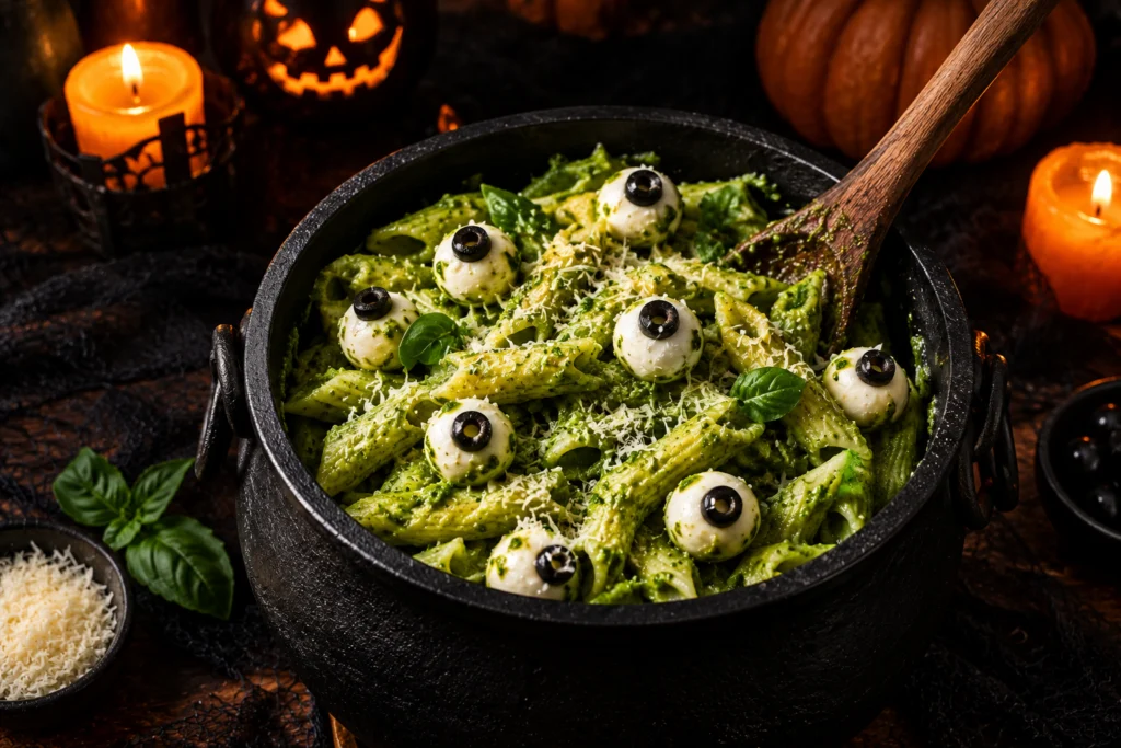 Green pesto pasta with mozzarella eyeballs in a black cauldron bowl