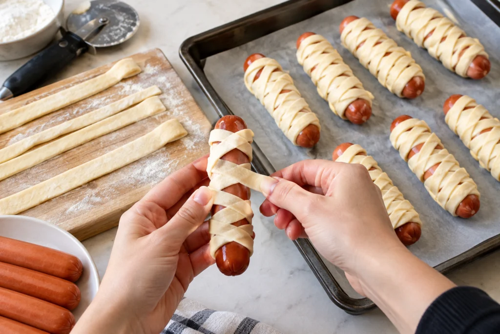 Hands wrapping crescent dough strips around a hot dog to make a mummy